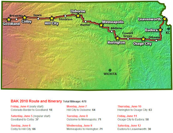 Biking Across Kansas 2010 Route