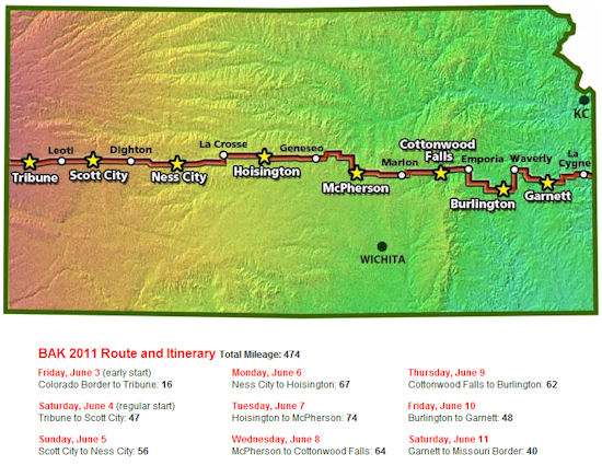 Biking Across Kansas 2011 Route