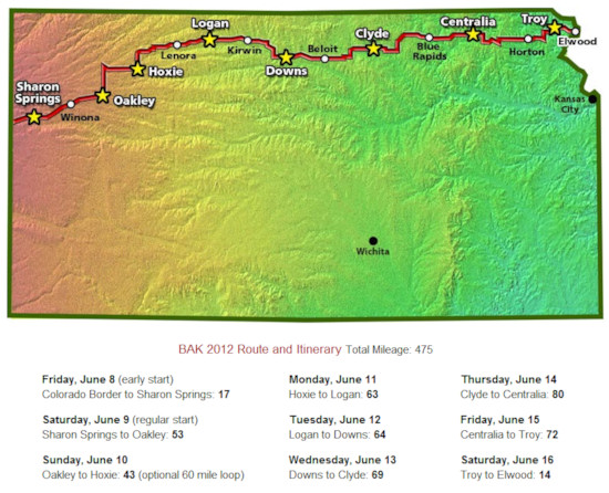 Biking Across Kansas 2012 Route