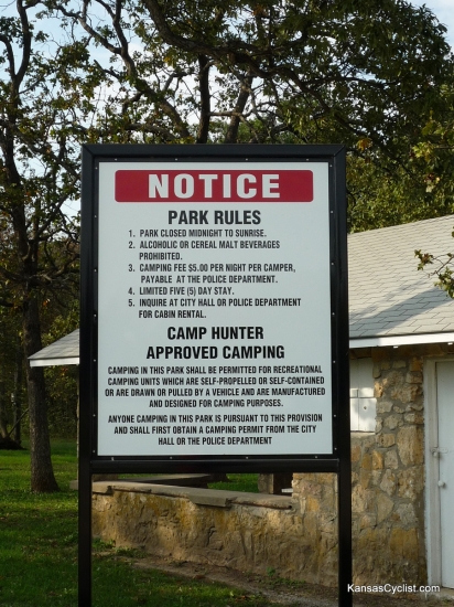 Camp Hunter - Entrance Sign - This is the sign at the entrance to Camp Hunter Park in Humboldt, Kansas. It lists the rules and regulations at the park. Please note that there is no fee for tent camping, though visitors must still check in with the Police Department.
