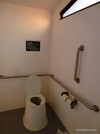 Douglas State Fishing Lake - Restroom - This is a look at the clean, well-maintained ADA-compliant vault toilets at Douglas State Fishing Lake. There are a total of four similar facilities at the lake.