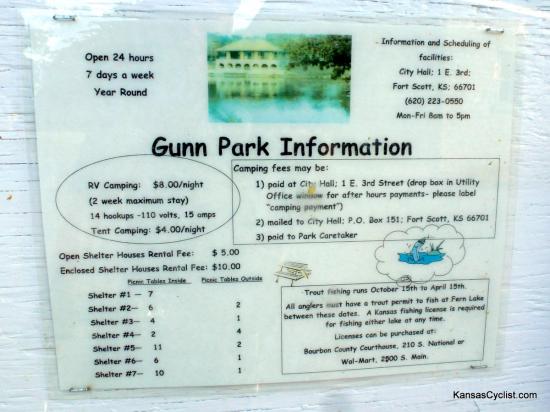 Gunn Park - Info Sign - This sign provides information about Gunn Park. As it states, tent camping is $4 per night, can can be paid at city hall, or to the park caretaker. There is also a self-pay kiosk near the campground.