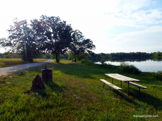 Pleasanton East City Lake - North Shore - This is a typical camping and picnicking area on the northern shore of the lake. Picnic tables, trash cans, and portable toilets (not shown) are provided.