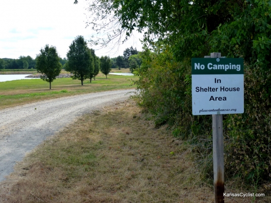 Pleasanton West City Lake - No Camping In Shelter House Area - Camping is prohibited near the shelter houses at the Pleasanton West City Lakes; please use the designated camping area provided.