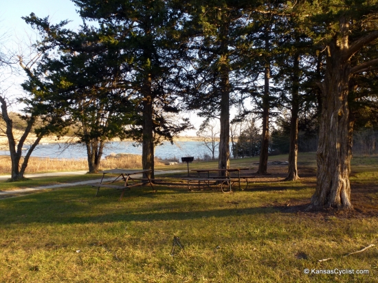 Pottawatomie State Fishing Lake No. 1 - Campsite - This is a typical campsite at Pottawatomie State Fishing Lake No. 1, with picnic tables and a grill. Other sites have fire rings, and more or less trees and grass.