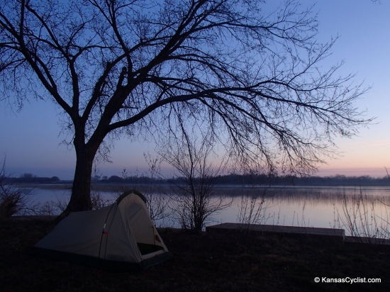 Santa Fe Lake - Tent - This was my tent set up at Santa Fe Lake, along the west side of the lake. The concrete appeared to be landings for old docks. There was ample grass, and trees for shade in summer.