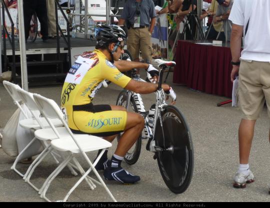 Juan Jose Haedo - Professional cyclist Juan Jose Haedo prepares to defend the yellow jersey before the Individual Time Trial at the Tour of Missouri in Sedalia.