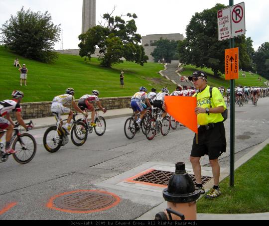Course Marshall - Edward Eroe serving as a course marshall at the Tour of Missouri in Kansas City.