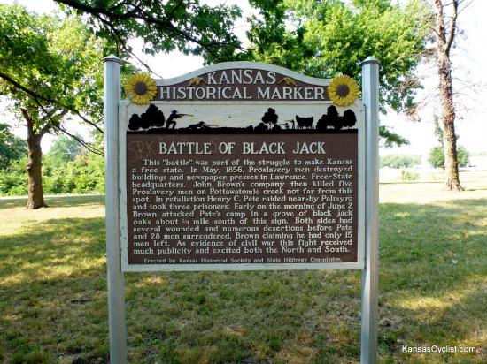 US-56 Baldwin City Roadside Park Historical Marker - This is the historical marker at the Baldwin City Roadside Park, which tells the story of the Battle of Black Jack, which took place here in 1856, and which is considered by many to have been the first battle of the American Civil War.
