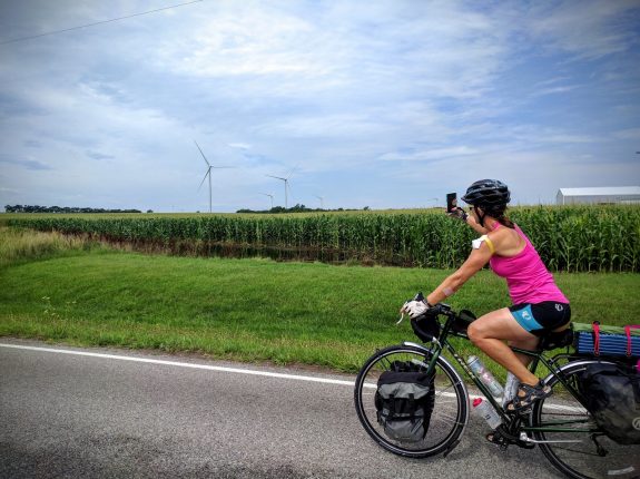 Biking through a wind farm near Waverly.