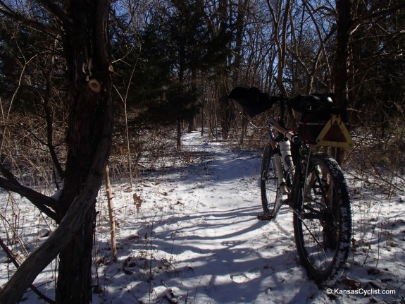 Snowy singletrack on the Lehigh Portland Trails in Iola, Kansas